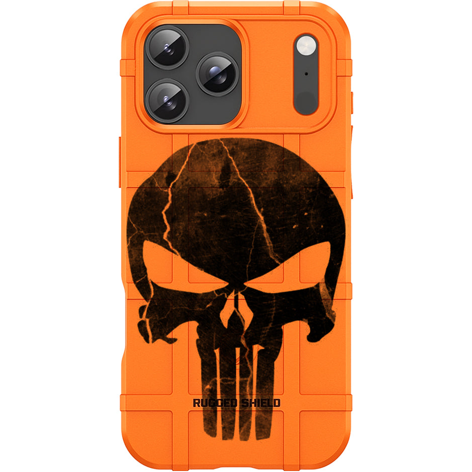 Orange Rugged Shield TPU Case with MagSafe Ring - Cracked Punisher Skull Design for iPhone 17 Pro & 17 Pro Max phone models Orange Rugged Shield TPU Case with MagSafe Ring - Cracked Punisher Skull Design for iPhone 17 Pro & 17 Pro Max phone models